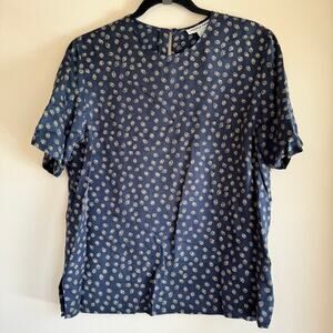 Vintage Nora Noh Silk Top Blue Crew Neck Back Button Side Slit Short Sleeve Sz M